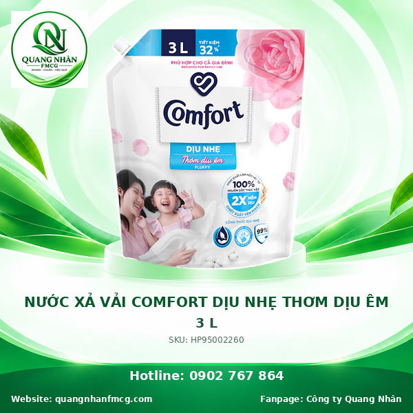 NƯỚC XẢ VẢI COMFORT CHO DA NHẠY CẢM HƯƠNG THƠM DỊU NHẸ 3L x 4 túi