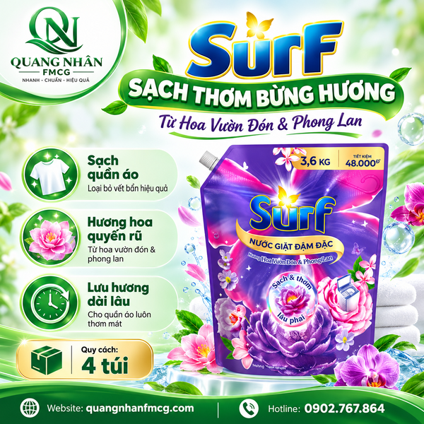 NƯỚC GIẶT SURF HƯƠNG HOA CỎ HUYỀN BÍ 3.6KG X 4 TÚI