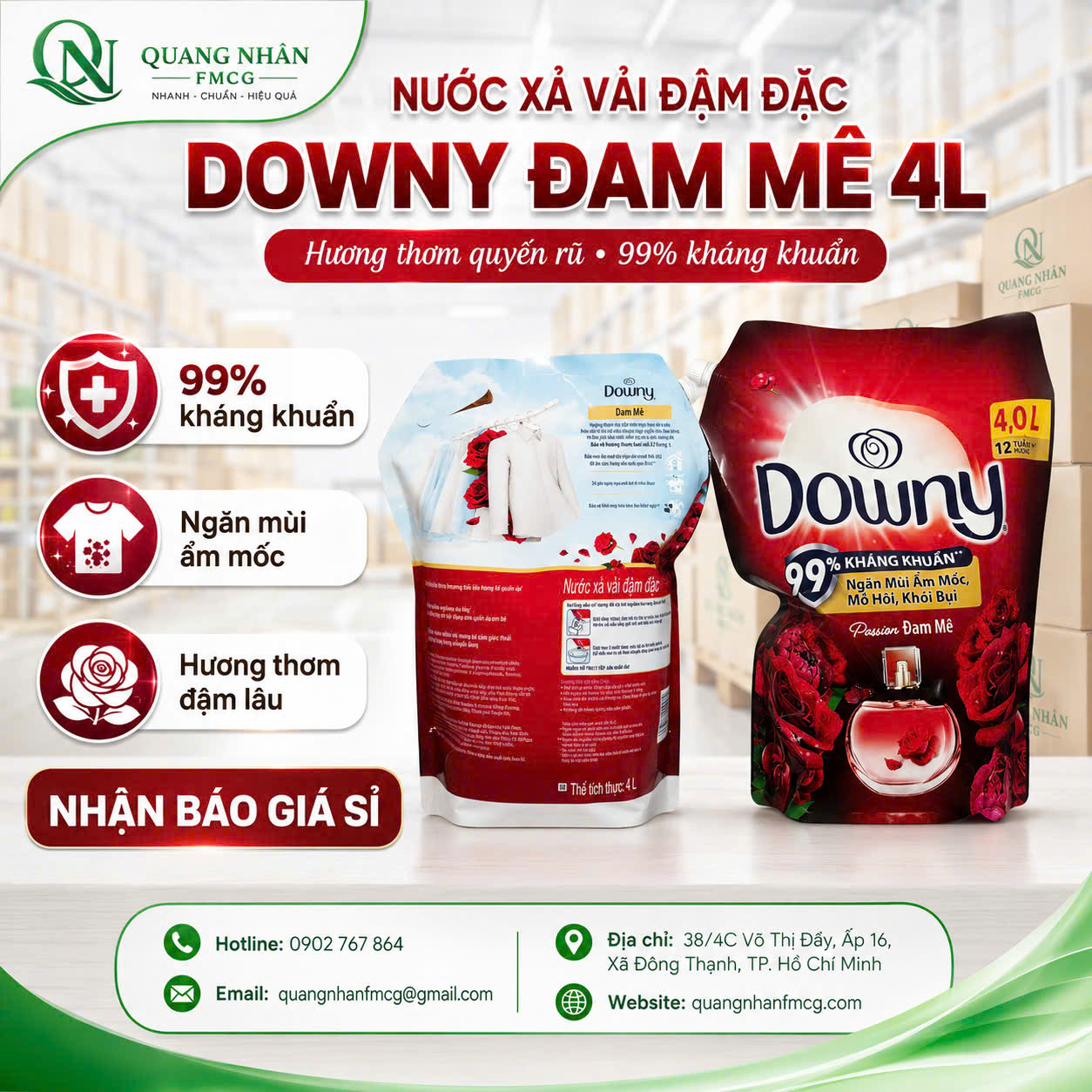 Nước xả vải Downy hương ĐAM MÊ túi 4 lít x 4 Túi