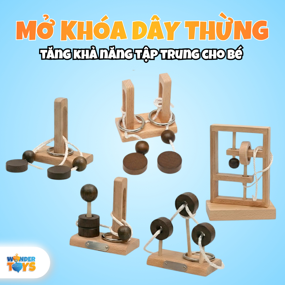 Đồ Chơi Mở Khóa Dây Thừng Gỗ 1-2-3 Cột, Rope Loop Puzzle, Dây Vòng Xếp Hình  3D Gỗ, Trò Chơi Trí Não