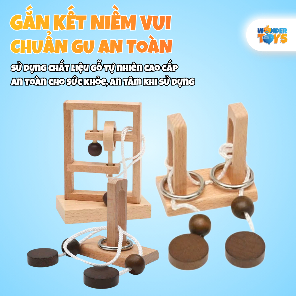 Đồ Chơi Mở Khóa Dây Thừng Gỗ 1-2-3 Cột, Rope Loop Puzzle, Dây Vòng Xếp Hình  3D Gỗ, Trò Chơi Trí Não