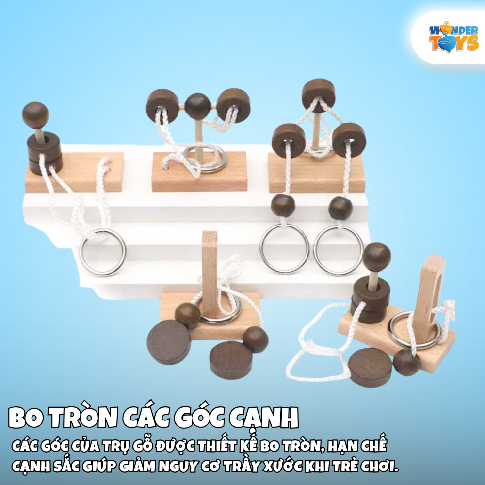 Đồ Chơi Mở Khóa Dây Thừng Gỗ 1-2-3 Cột, Rope Loop Puzzle, Dây Vòng Xếp Hình  3D Gỗ, Trò Chơi Trí Não