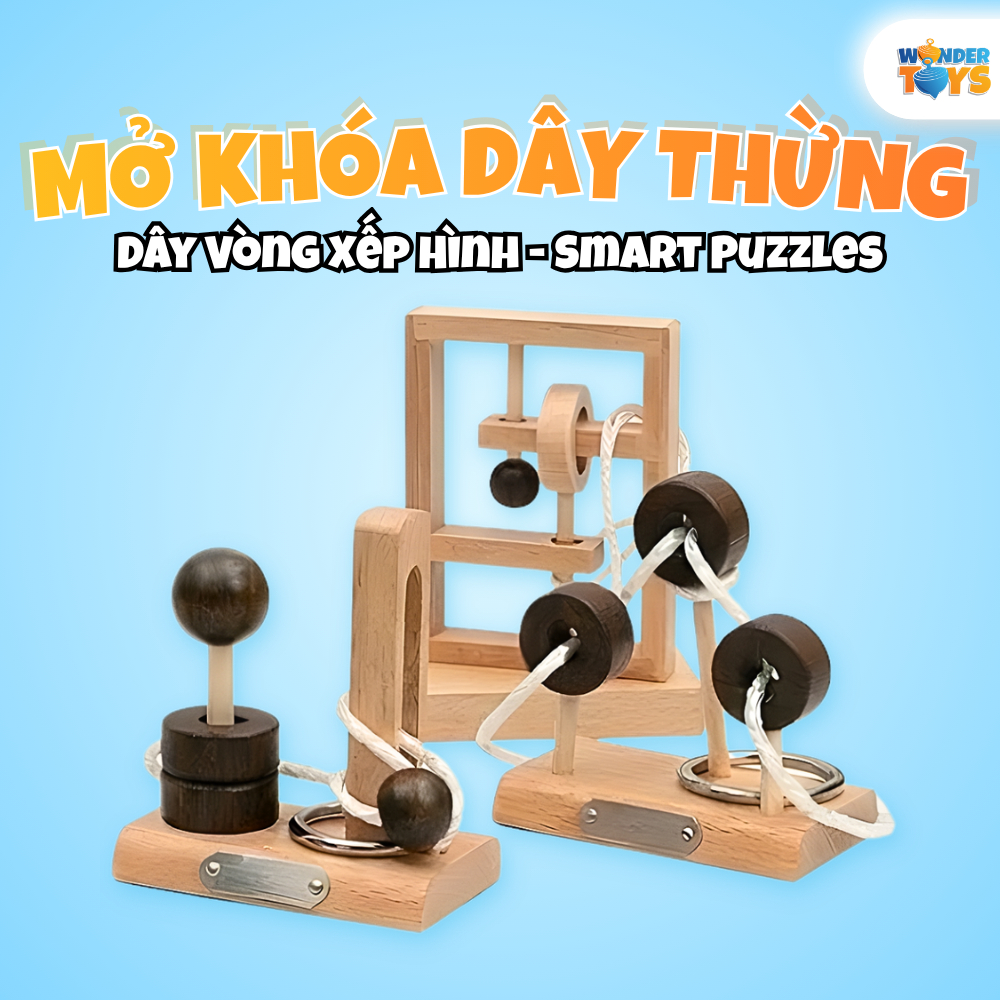 Đồ Chơi Mở Khóa Dây Thừng Gỗ 1-2-3 Cột, Rope Loop Puzzle, Dây Vòng Xếp Hình  3D Gỗ, Trò Chơi Trí Não