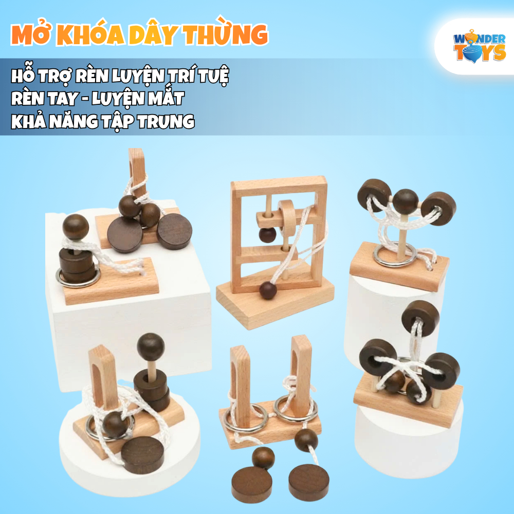 Đồ Chơi Mở Khóa Dây Thừng Gỗ 1-2-3 Cột, Rope Loop Puzzle, Dây Vòng Xếp Hình  3D Gỗ, Trò Chơi Trí Não