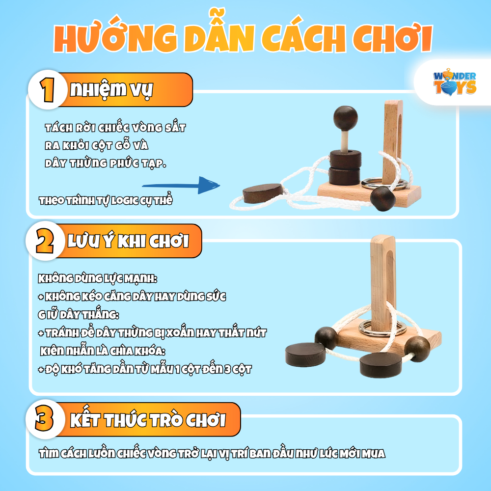 Đồ Chơi Mở Khóa Dây Thừng Gỗ 1-2-3 Cột, Rope Loop Puzzle, Dây Vòng Xếp Hình  3D Gỗ, Trò Chơi Trí Não