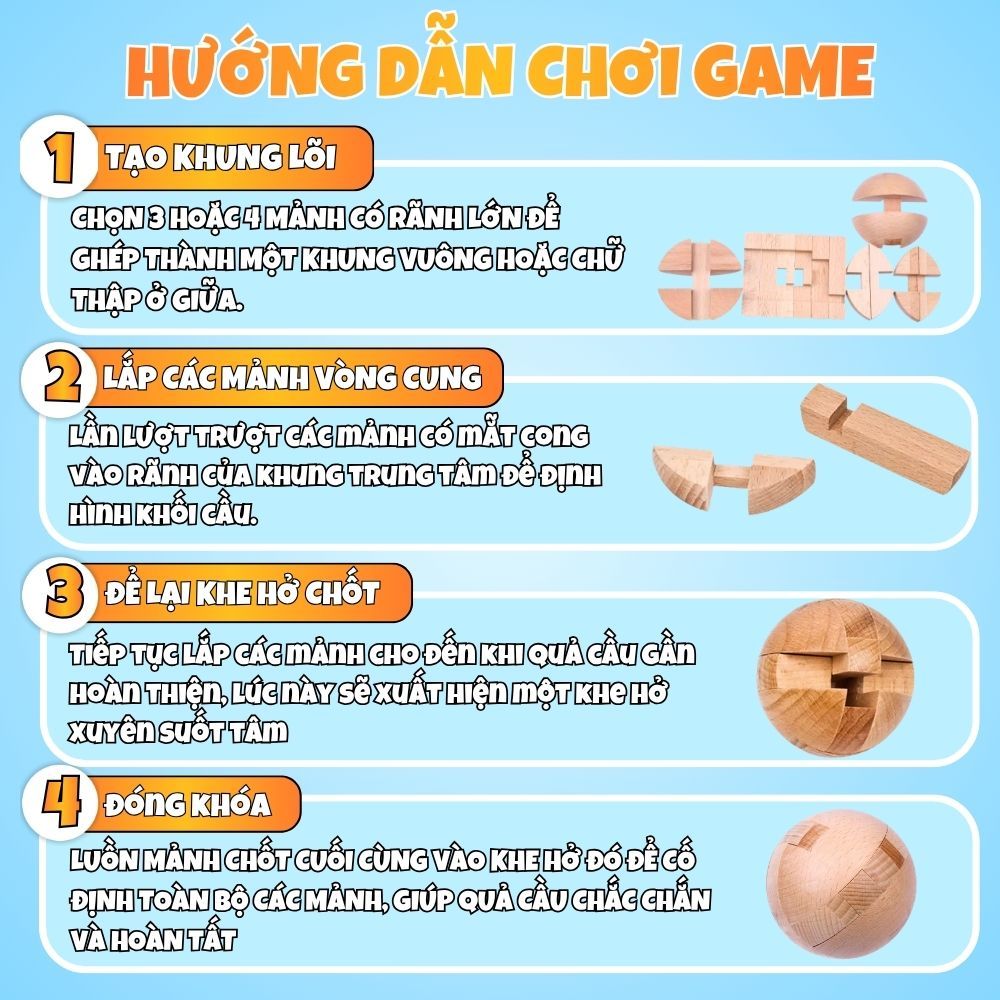 Đồ chơi khóa kongming bằng gỗ, câu đố 3D hình quả bóng tròn, trò chơi mở khóa lỗ ban thông minh tháo gỡ và láp ráp