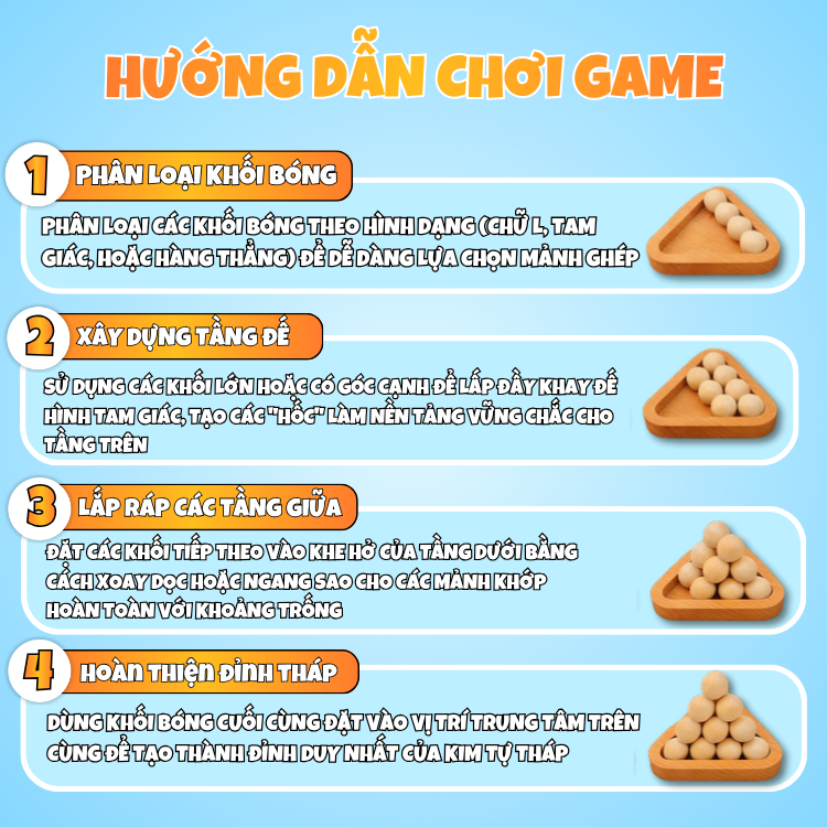 Đồ chơi trí tuệ kim tự tháp hình cầu, trò chơi tháp bóng bằn gỗ tháo gỡ, láp ráp Ball Pyramid Puzzle