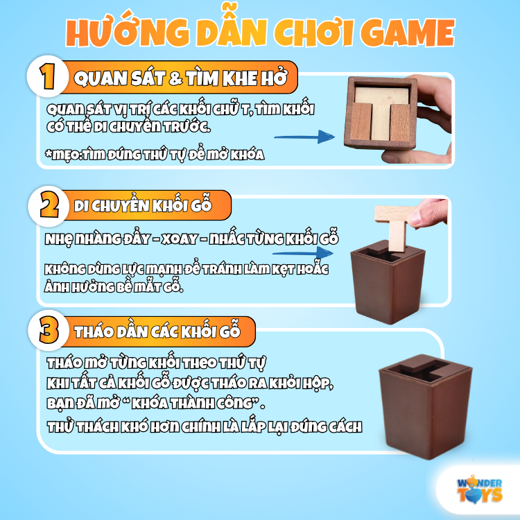 Đồ Chơi Gỗ Giải Đố Mở Khóa Hộp Ma Thuật 6T Chữ T – Game Trí Tuệ Logic Rèn Tư Duy