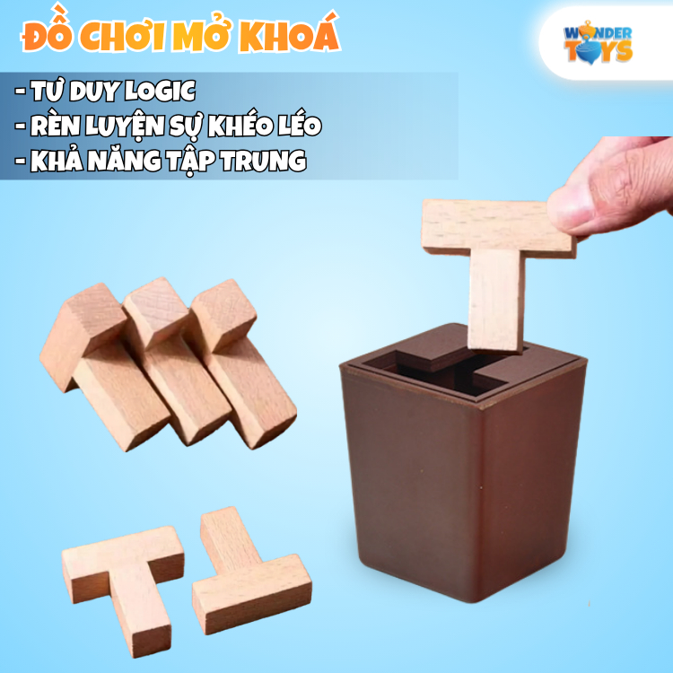 Đồ Chơi Gỗ Giải Đố Mở Khóa Hộp Ma Thuật 6T Chữ T – Game Trí Tuệ Logic Rèn Tư Duy