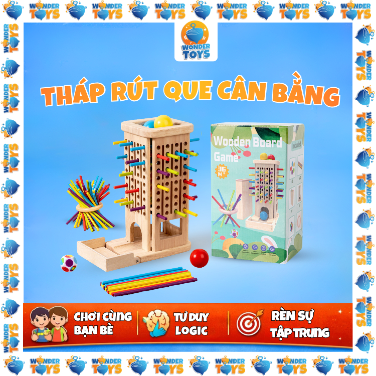 Tháp Banh Rút Que Cân Bằng Bằng Gỗ Cho Bé – Đồ Chơi Trí Tuệ Phát Triển Tư Duy & Khéo Léo