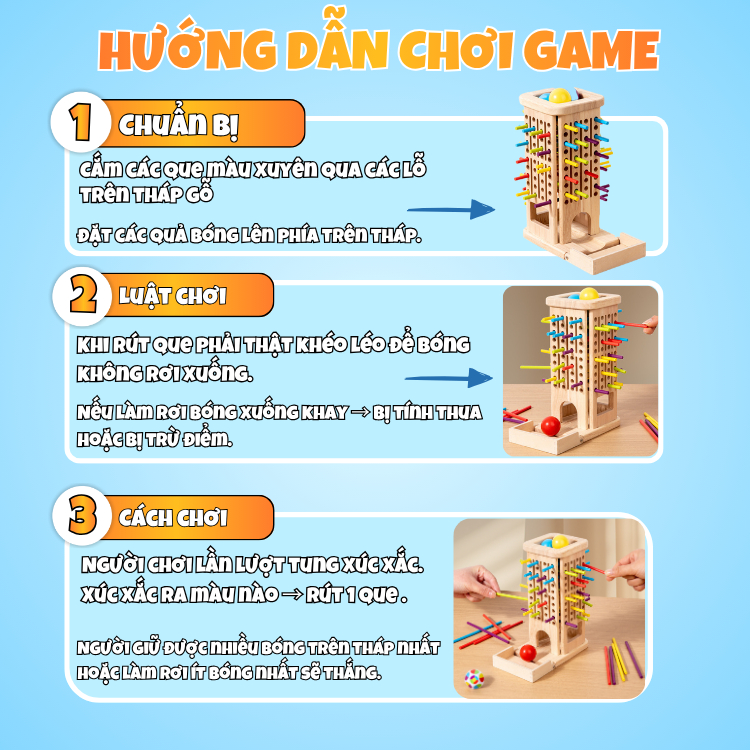 Tháp Banh Rút Que Cân Bằng Bằng Gỗ Cho Bé – Đồ Chơi Trí Tuệ Phát Triển Tư Duy & Khéo Léo