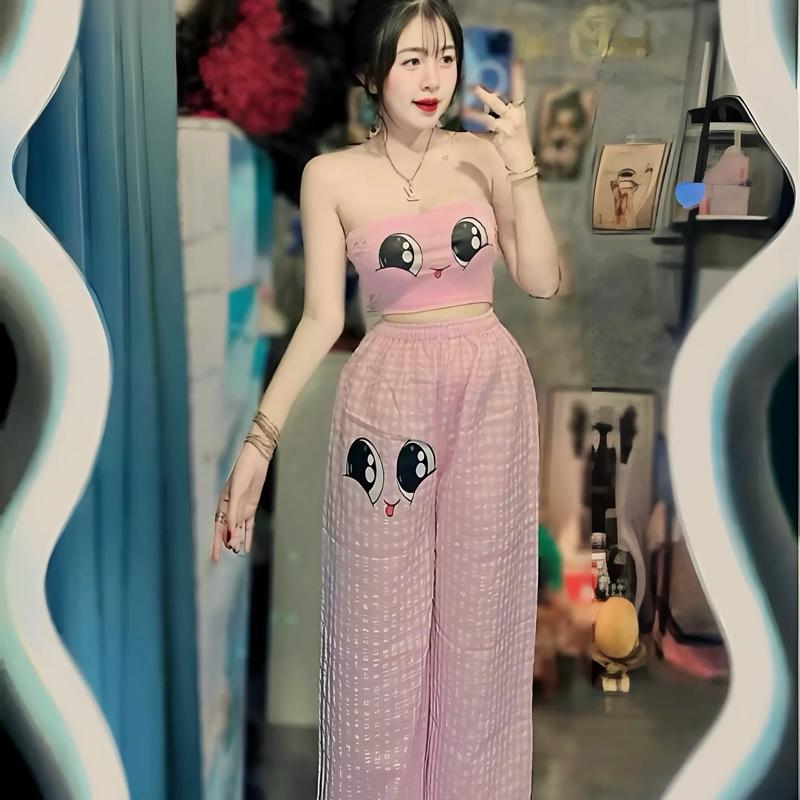 Sét đồ nữ caro in đôi mắt quần dài suông áo ống - TOP NỮ