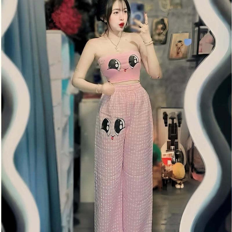Sét đồ nữ caro in đôi mắt quần dài suông áo ống - TOP NỮ