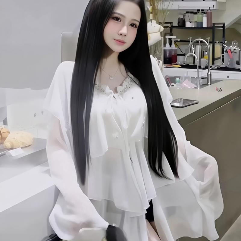 Áo Bèo Tơ Tầng Đính Hoa Tay Dài Cổ Đính Đá Hoa Hồng Phong Cách Sang Trọng Cho Nữ