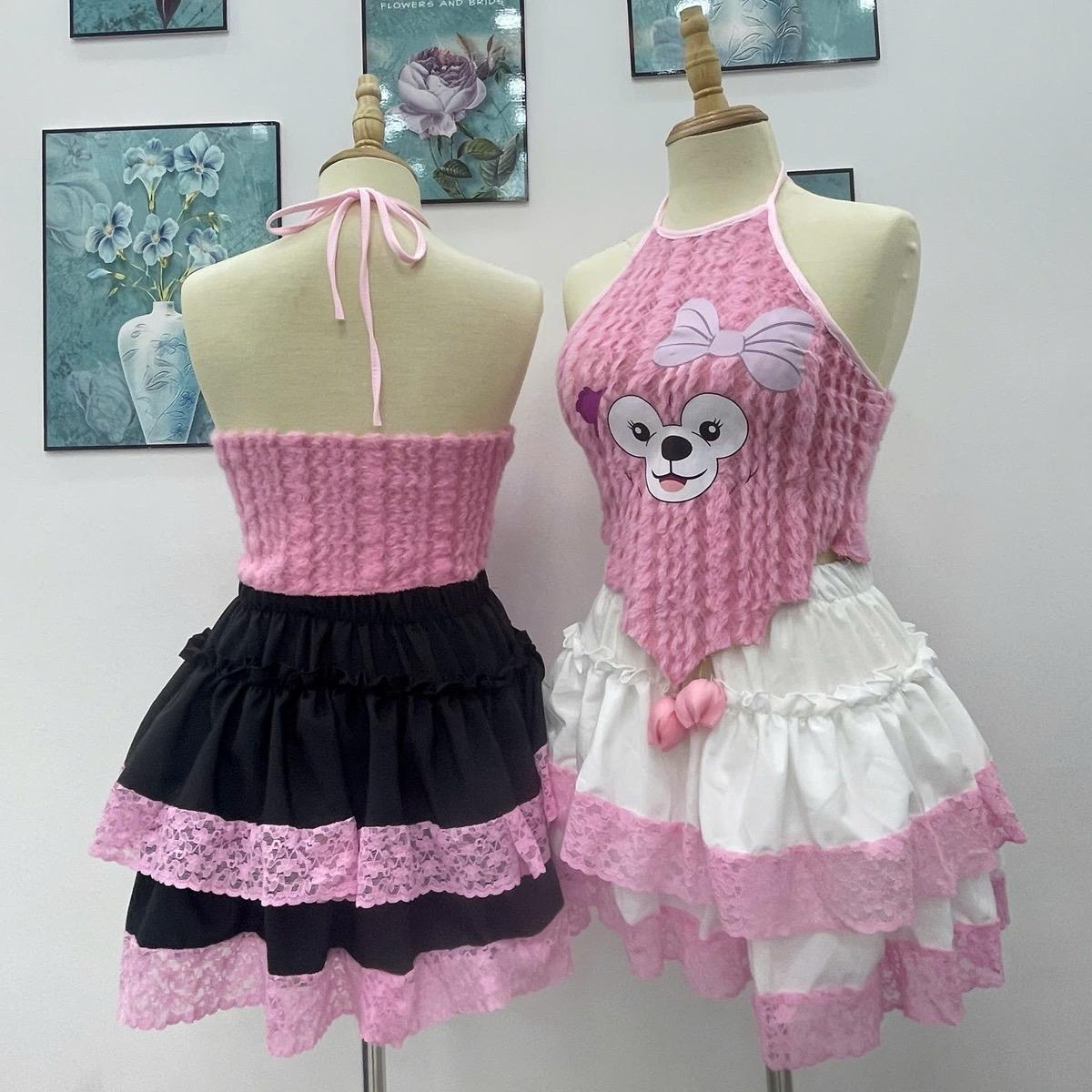 Bộ đồ nữ  tầng phối ren áo yếm lông in gấu - Women, Top Sen Nhung Hoa Sen Viền Ren chân váy lụa