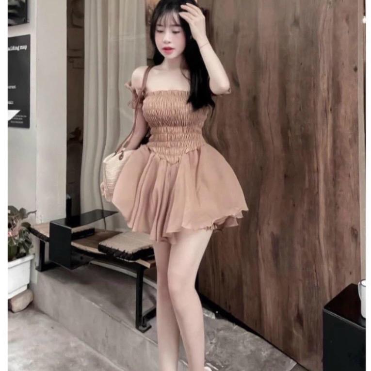 Sét áo nhún trễ vai thân áo mocking co giãn xinh xỉu kèm Quần Kem Tre Nữ Women set đồ