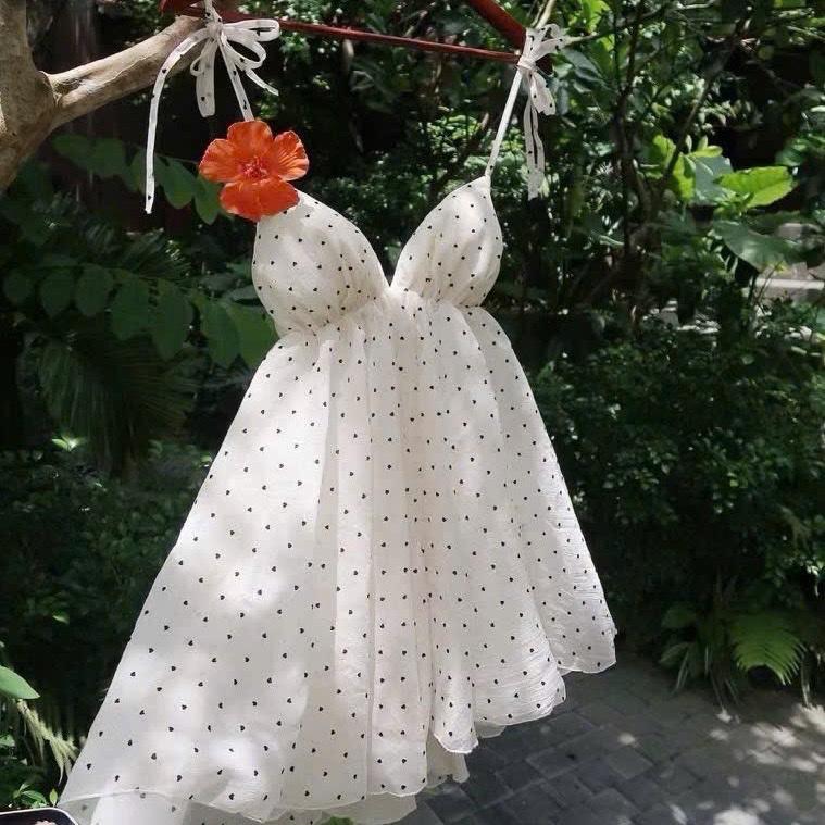Đầm Dáng Ngắn Chấm Bi Phong Cách Hàn Quốc cho Nữ Thiết Kế Đơn Giản Phù Hợp cho Mọi Dịp Màu Kem