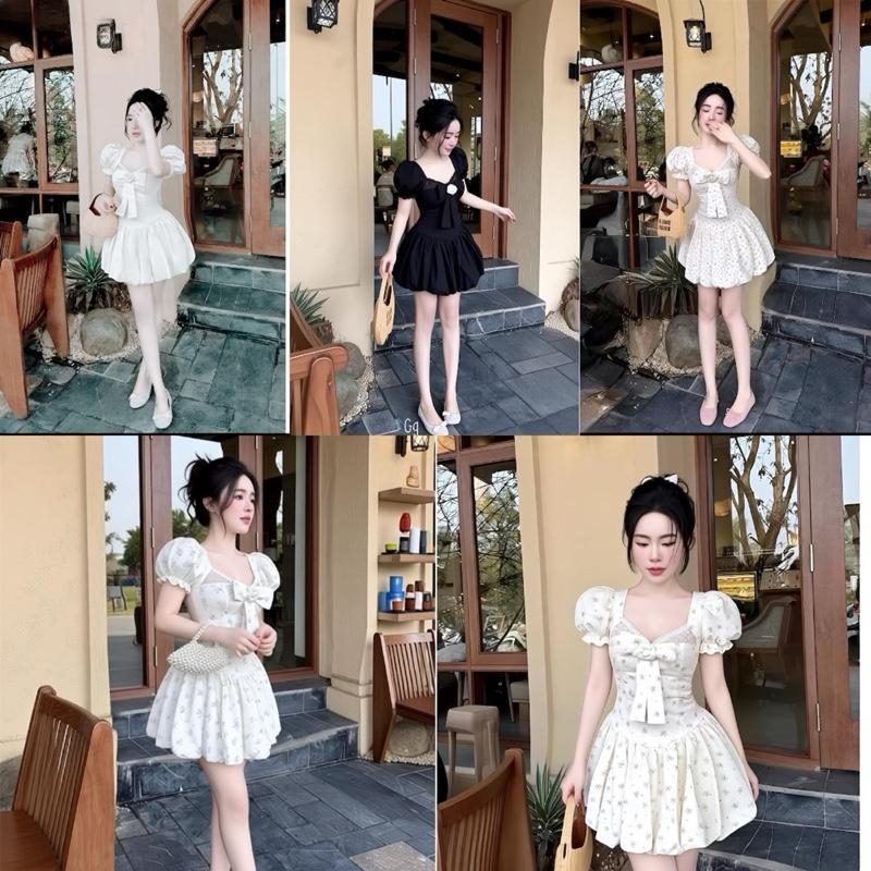 Đầm nữ tay phồng cổ vuông phối ren trang trí hoa trà kèm quần bảo hộ phù hợp cho mọi dịp