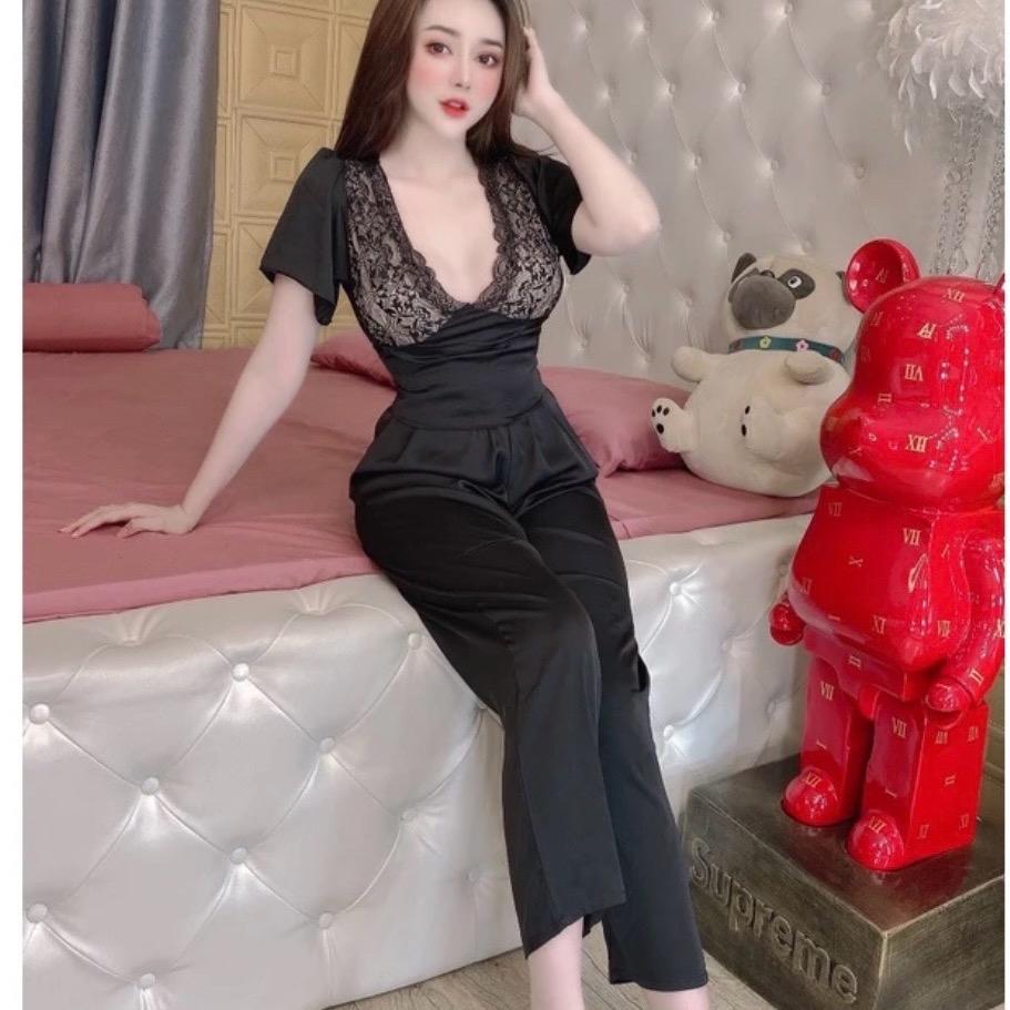 Sét bộ nữ quần dài satin áo phối ren Nhung Women Top Ong