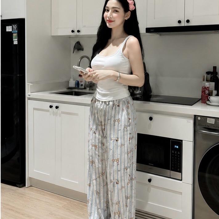 Sét Đồ Nữ Áo Thun Balo Quần Dài Ống Suông Chất Lụa Hoạ Tiết Xinh Phong Cách Thời Trang Hiện Đại