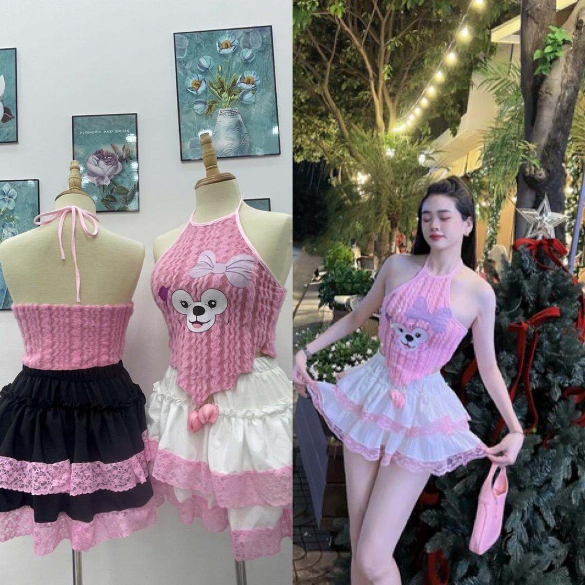 Bộ đồ nữ  tầng phối ren áo yếm lông in gấu - Women, Top Sen Nhung Hoa Sen Viền Ren chân váy lụa