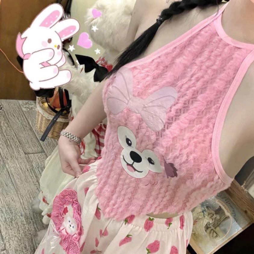 Sét áo lông cổ yếm in gấu quần ống rộng họa tiết dâu cho nữ - Women Top set botieuthu Nhung Ong đồ Kem