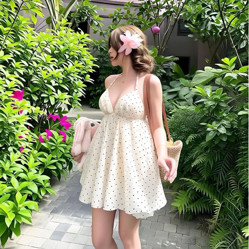 Đầm Dáng Ngắn Chấm Bi Phong Cách Hàn Quốc cho Nữ Thiết Kế Đơn Giản Phù Hợp cho Mọi Dịp Màu Kem