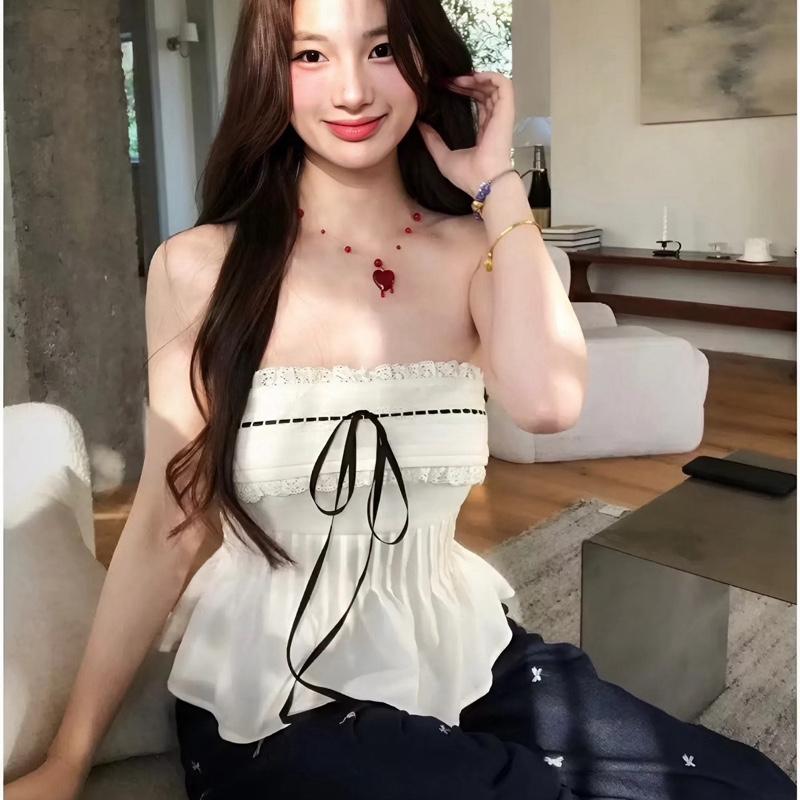 Áo Quây Nữ Hotrend Thắt Nơ Viền Ren Xếp Li Eo Dễ Thương Sang Chảnh Chất Vải Lụa Mềm Mại Thân Sau Áo Chạy Chỉ Chun Co Giãn