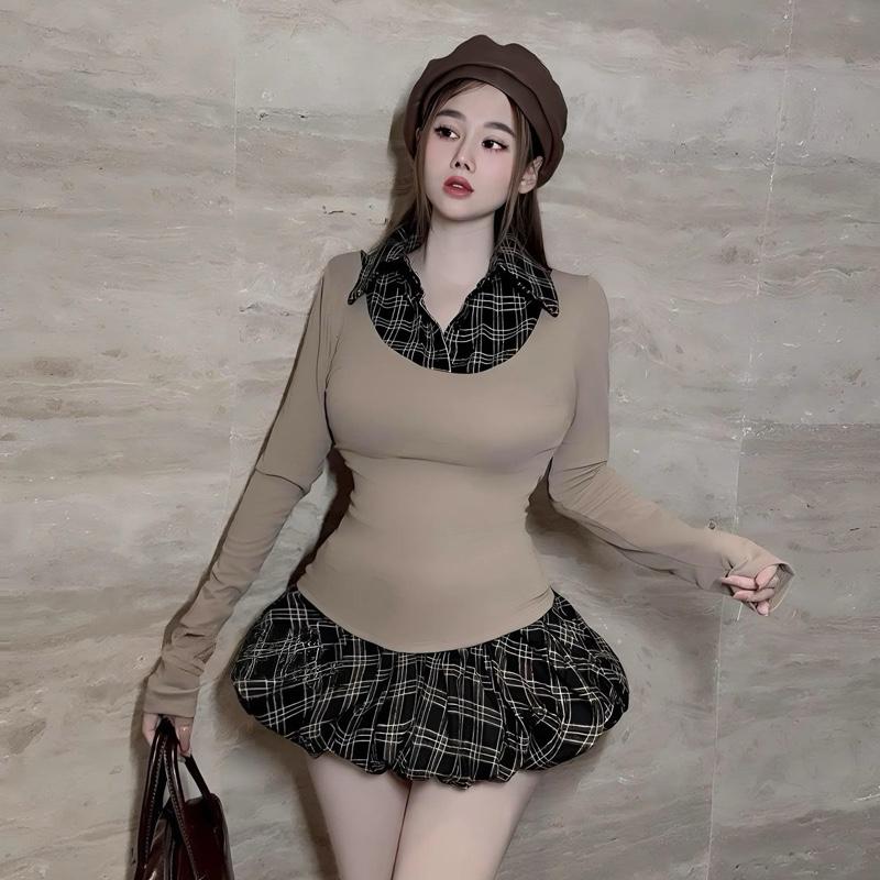 Sét đồ nữ thu đông phong cách học đường quần caro dáng bí phối áo thun borip