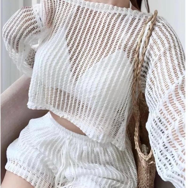Bộ đồ nữ 3 món áo croptop tay dài quần short 2 lớp kèm áo bra