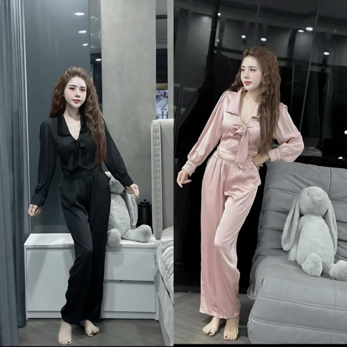 Sét đồ ngủ kiểu dáng tiểu thư đính nơ tay bo cho nữ - Women Top Nhung Áo Voi Quần