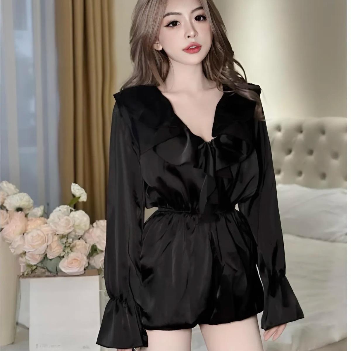 Jumpsuit Nữ Cổ V Bèo Tay Dài Quần Có Bo Chun - Hàng Mới Về Voi