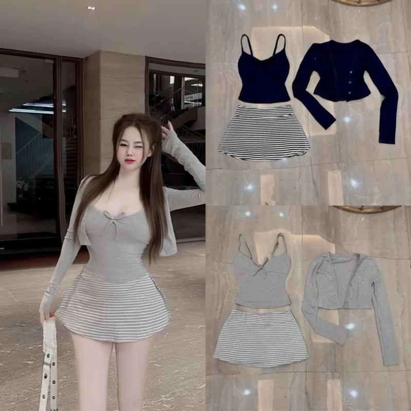 Sét đồ nữ 3 món chân váy sọc kẻ áo thun 2 dây kèm áo khoác chất liệu thun cotton co giãn có lót và mút thời trang cho nữ