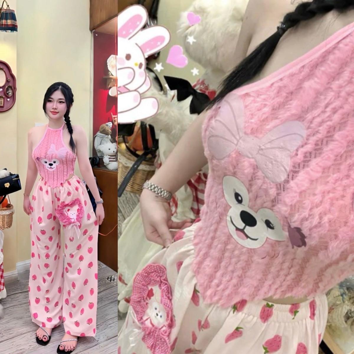 Sét áo lông cổ yếm in gấu quần ống rộng họa tiết dâu cho nữ - Women Top set botieuthu Nhung Ong đồ Kem