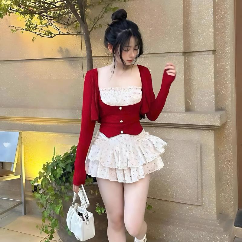 Sét bộ nữ 3 món váy hoa nhí áo thun 2 dây phối kèm áo khoác thun tăm - Phong cách nữ tính và trẻ trung