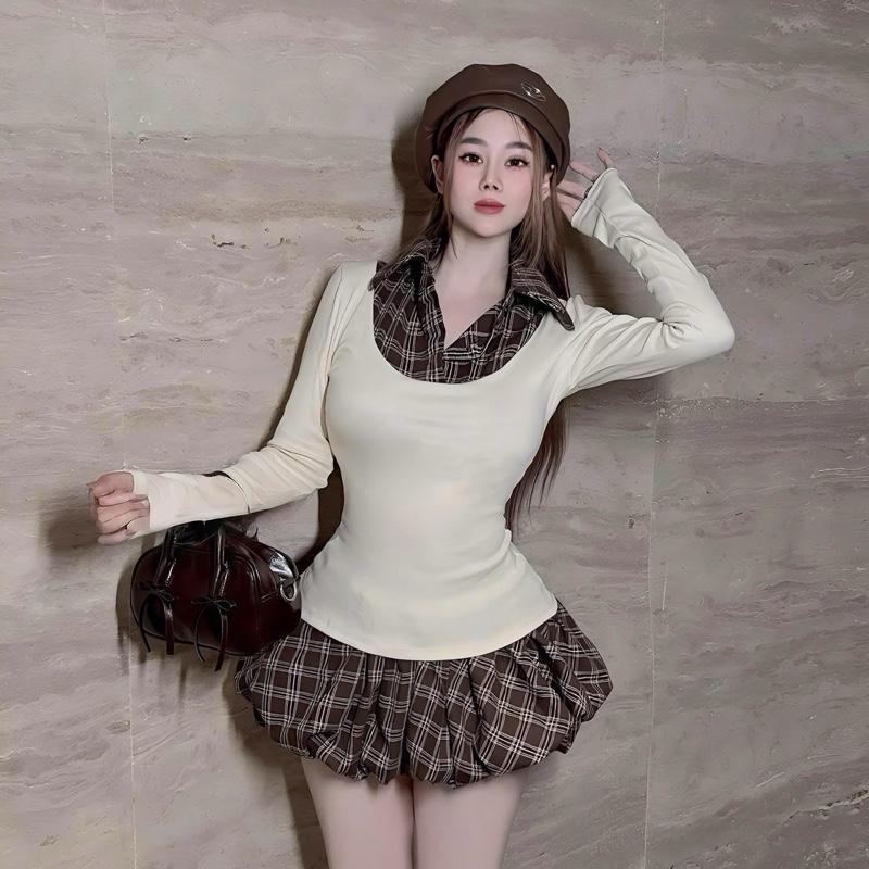 Sét đồ nữ thu đông phong cách học đường quần caro dáng bí phối áo thun borip