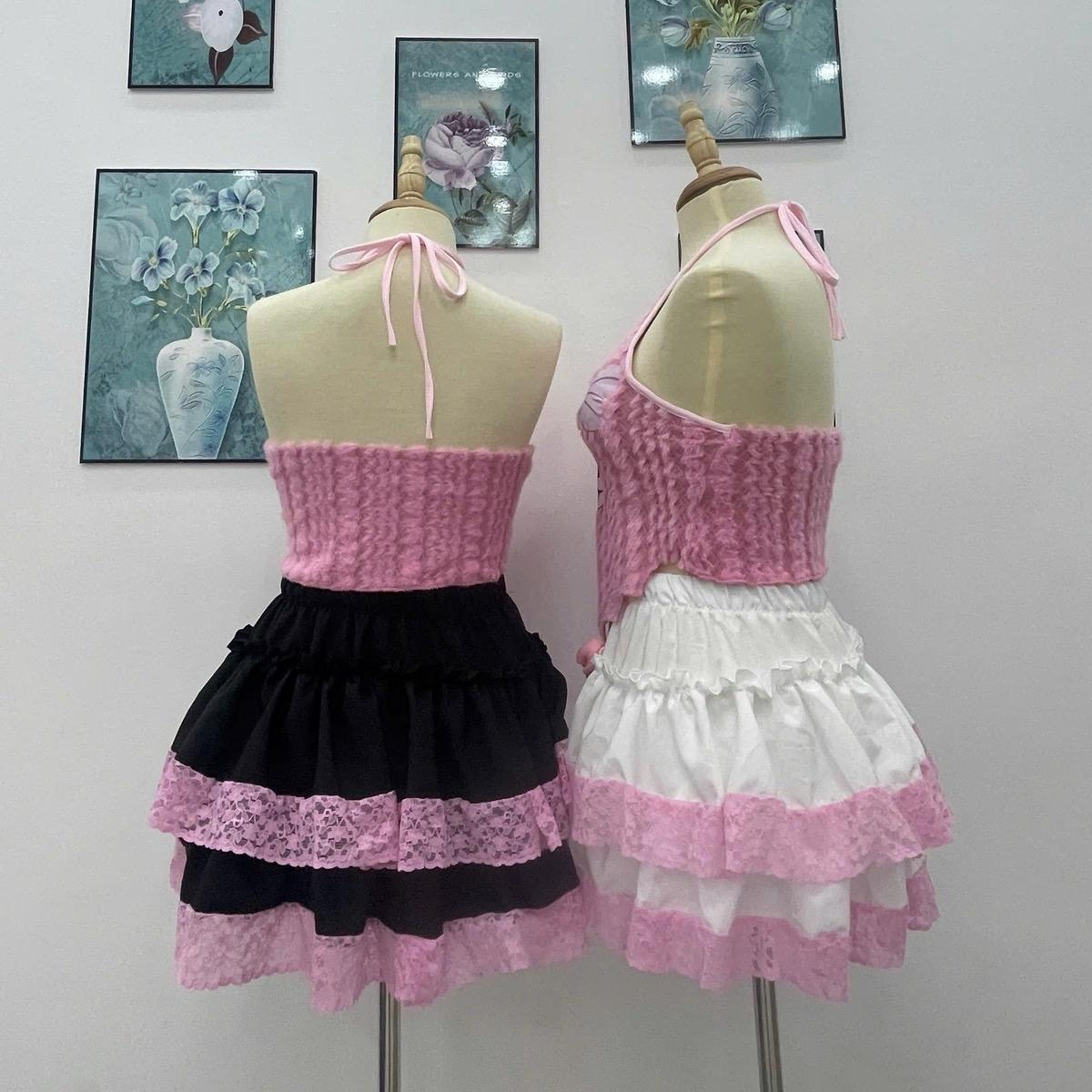 Bộ đồ nữ  tầng phối ren áo yếm lông in gấu - Women, Top Sen Nhung Hoa Sen Viền Ren chân váy lụa
