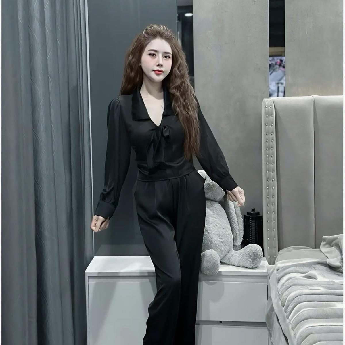 Sét đồ ngủ kiểu dáng tiểu thư đính nơ tay bo cho nữ - Women Top Nhung Áo Voi Quần