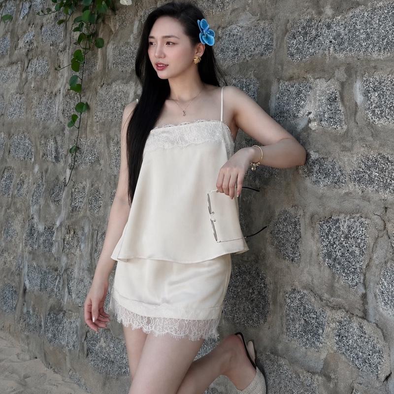 Sét đồ nữ lụa tô châu áo 2S phối ren mix chân váy - Thiết kế tinh tế, phong cách hiện đại