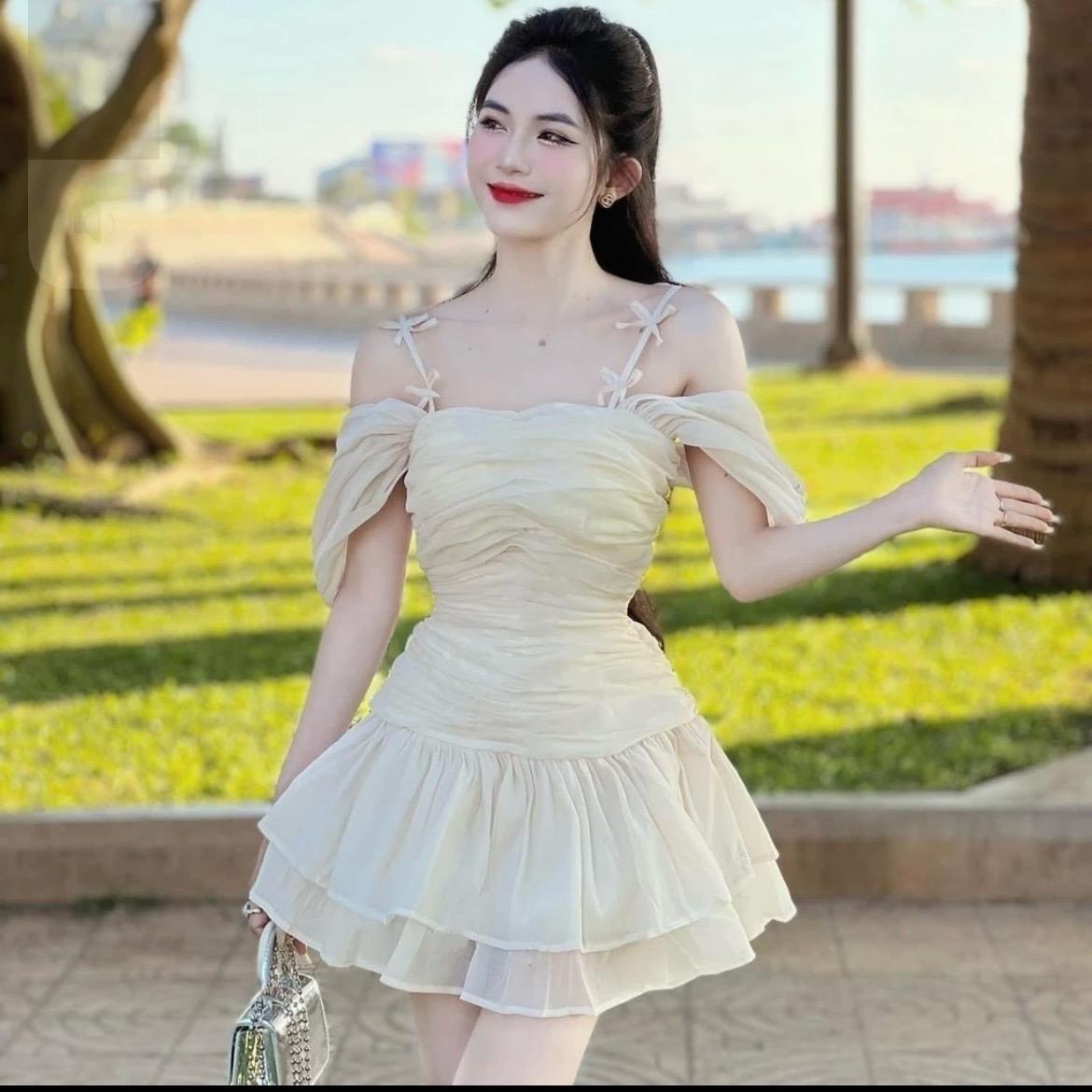 Đầm 2 dây rớt vai đi tiệc,đi chơi dáng ngắn form xòe Nữ Nhung Women Voi Dress