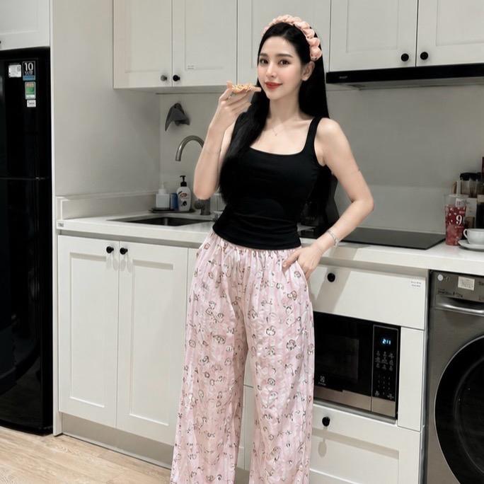 Sét Đồ Nữ Áo Thun Balo Quần Dài Ống Suông Chất Lụa Hoạ Tiết Xinh Phong Cách Thời Trang Hiện Đại