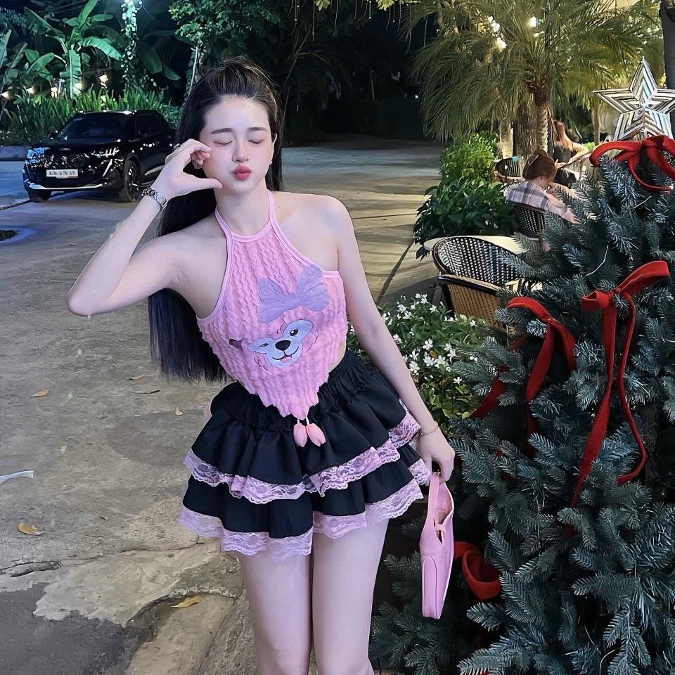 Bộ đồ nữ  tầng phối ren áo yếm lông in gấu - Women, Top Sen Nhung Hoa Sen Viền Ren chân váy lụa
