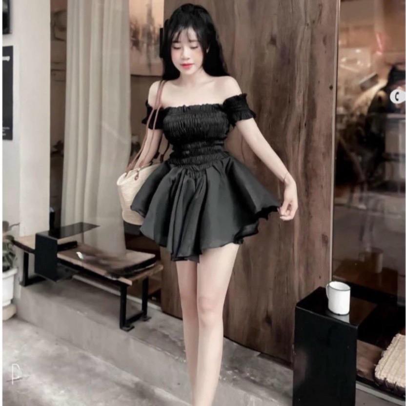 Sét áo nhún trễ vai thân áo mocking co giãn xinh xỉu kèm Quần Kem Tre Nữ Women set đồ