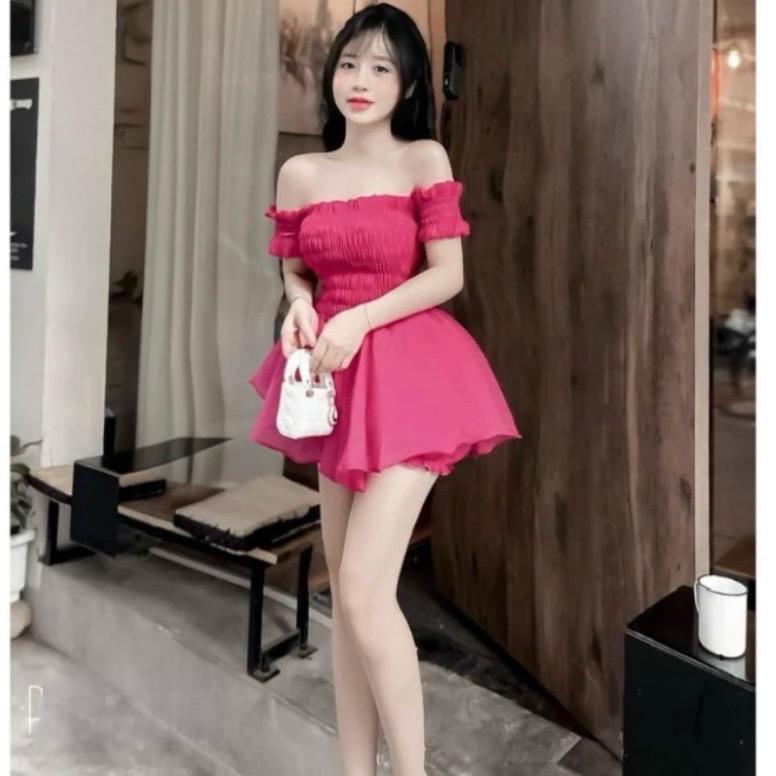 Sét áo nhún trễ vai thân áo mocking co giãn xinh xỉu kèm Quần Kem Tre Nữ Women set đồ