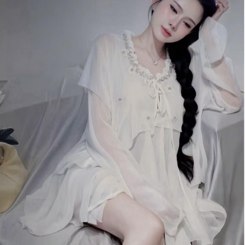 Áo Bèo Tơ Tầng Đính Hoa Tay Dài Cổ Đính Đá Hoa Hồng Phong Cách Sang Trọng Cho Nữ