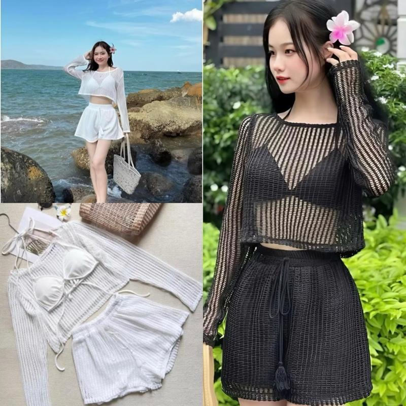 Bộ đồ nữ 3 món áo croptop tay dài quần short 2 lớp kèm áo bra