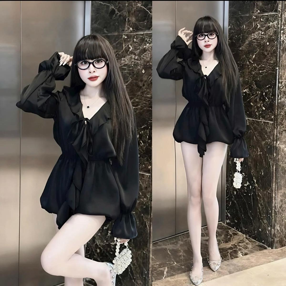Jumpsuit Nữ Cổ V Bèo Tay Dài Quần Có Bo Chun - Hàng Mới Về Voi