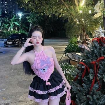 Bộ đồ nữ  tầng phối ren áo yếm lông in gấu - Women, Top Sen Nhung Hoa Sen Viền Ren chân váy lụa
