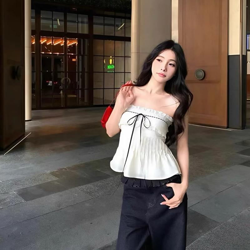 Áo Quây Nữ Hotrend Thắt Nơ Viền Ren Xếp Li Eo Dễ Thương Sang Chảnh Chất Vải Lụa Mềm Mại Thân Sau Áo Chạy Chỉ Chun Co Giãn