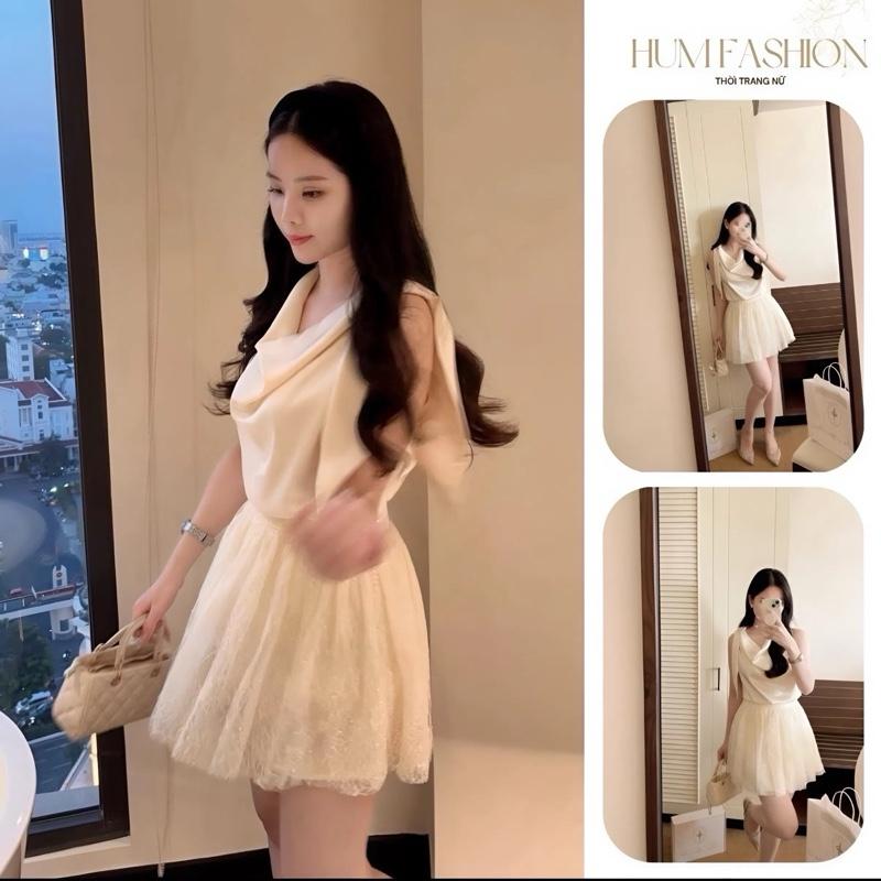Sét đồ nữ tiểu thư áo lụa tô châu sát nách cổ đổ mix chân váy ren